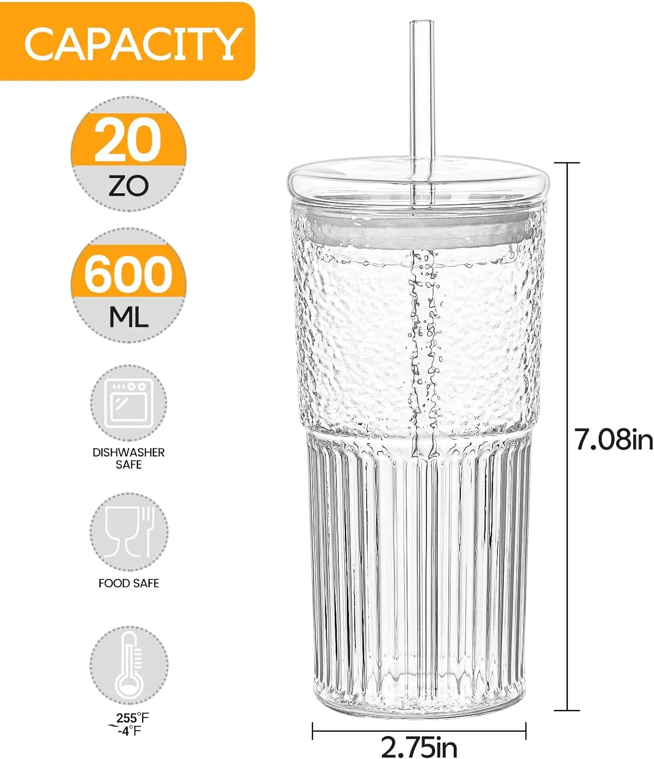 High Quality Drinking Glass Cups With Lids and Straws 20 OZ High Borosilicate Glass Tumbler Iced Coffee Water Smoothie