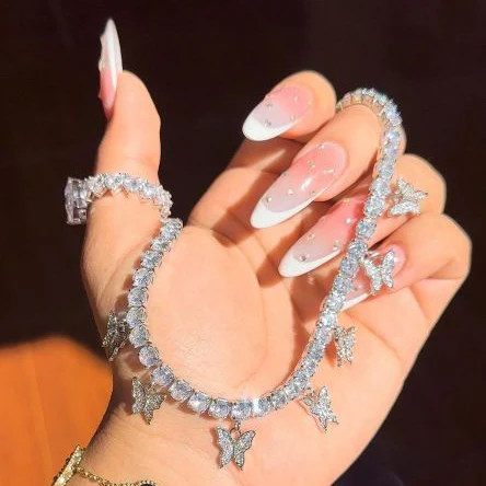 trendy women delicate tennis chain choker necklace silver brilliant shining cubic zirconia diamond butterfly charms necklace