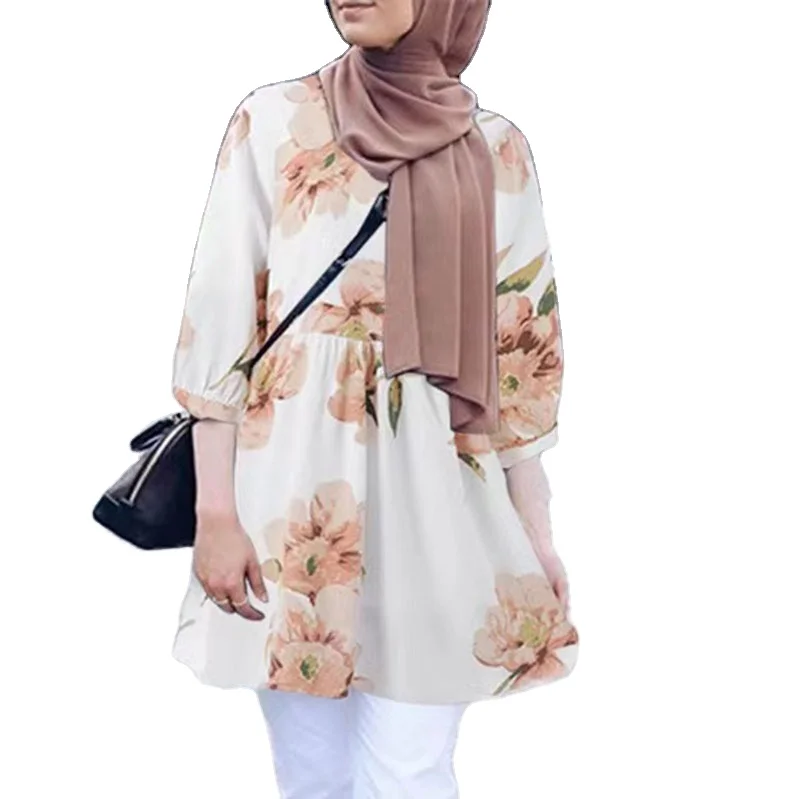 Spring Islamic women clothing New Round Neck middle Sleeve Printed islamic long Shirts round neck muslim women casual shirt