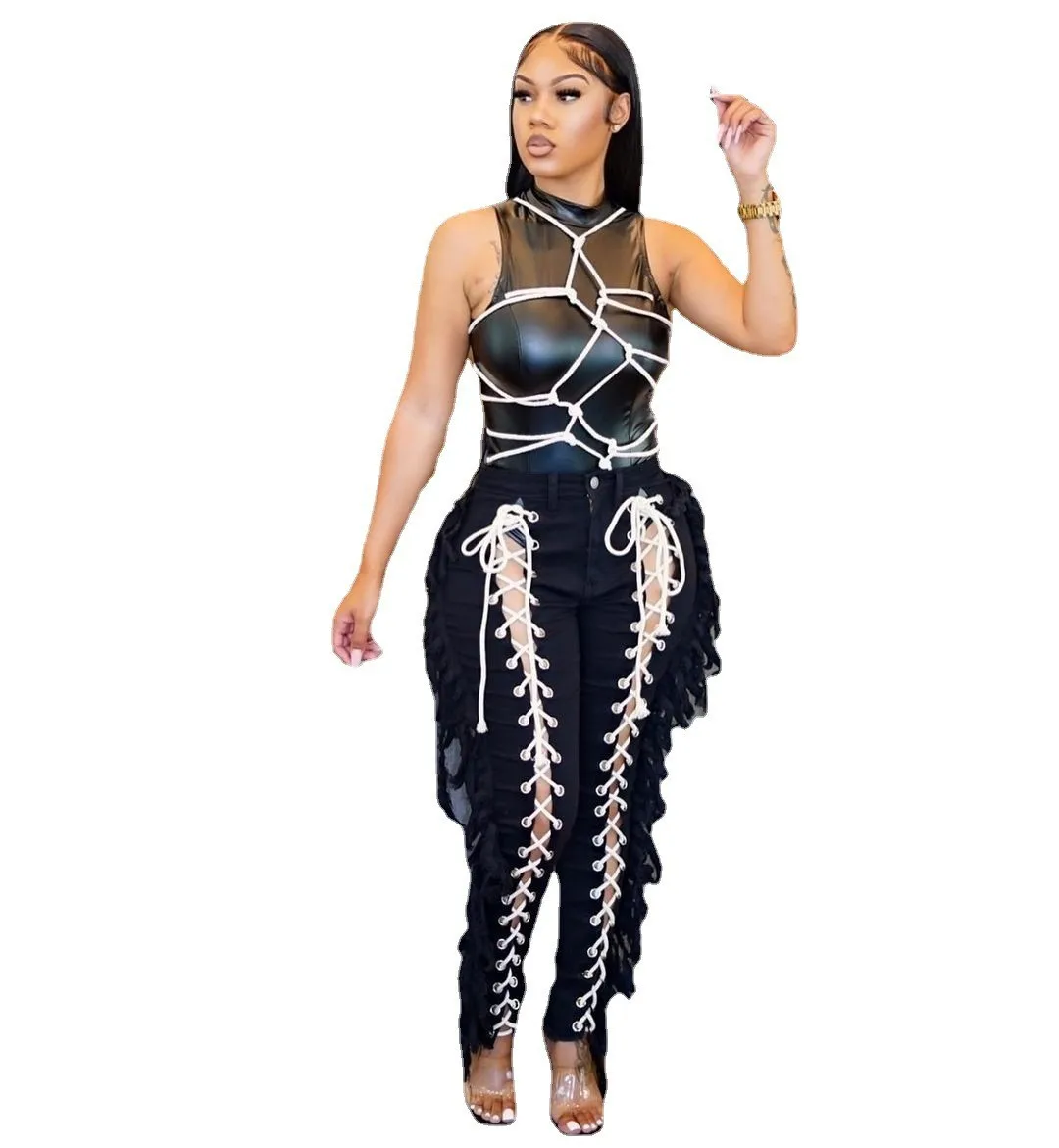 2022 Summer Denim Pant Sexy Hollow Out Clothing Plus Size Women Trouser Fashion Bandage Fringe Pant Lady Outdoor Cargo Jeans