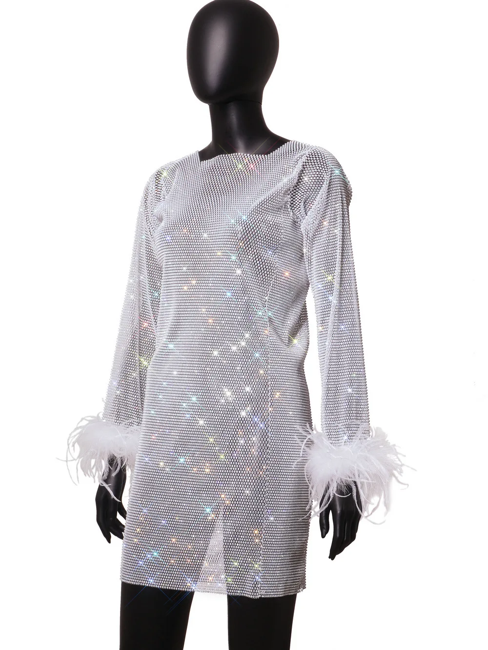 Hot Sale Transparent Black White Sexy Flash Diamond Mesh Long Sleeve Furry Dress Set