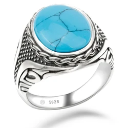 Wholesale S925 Silver Blue Turquoise Stone Rings for Men Turkish Jewelry