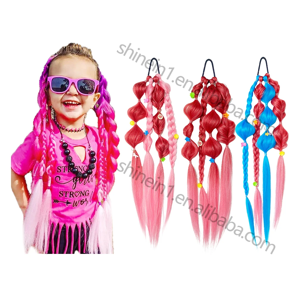Alibaba 20inch Kids Twist Ponytail Braiding Hair Extension Synthetic Handmade Bubble Braided Ponytail for Kids with Beads