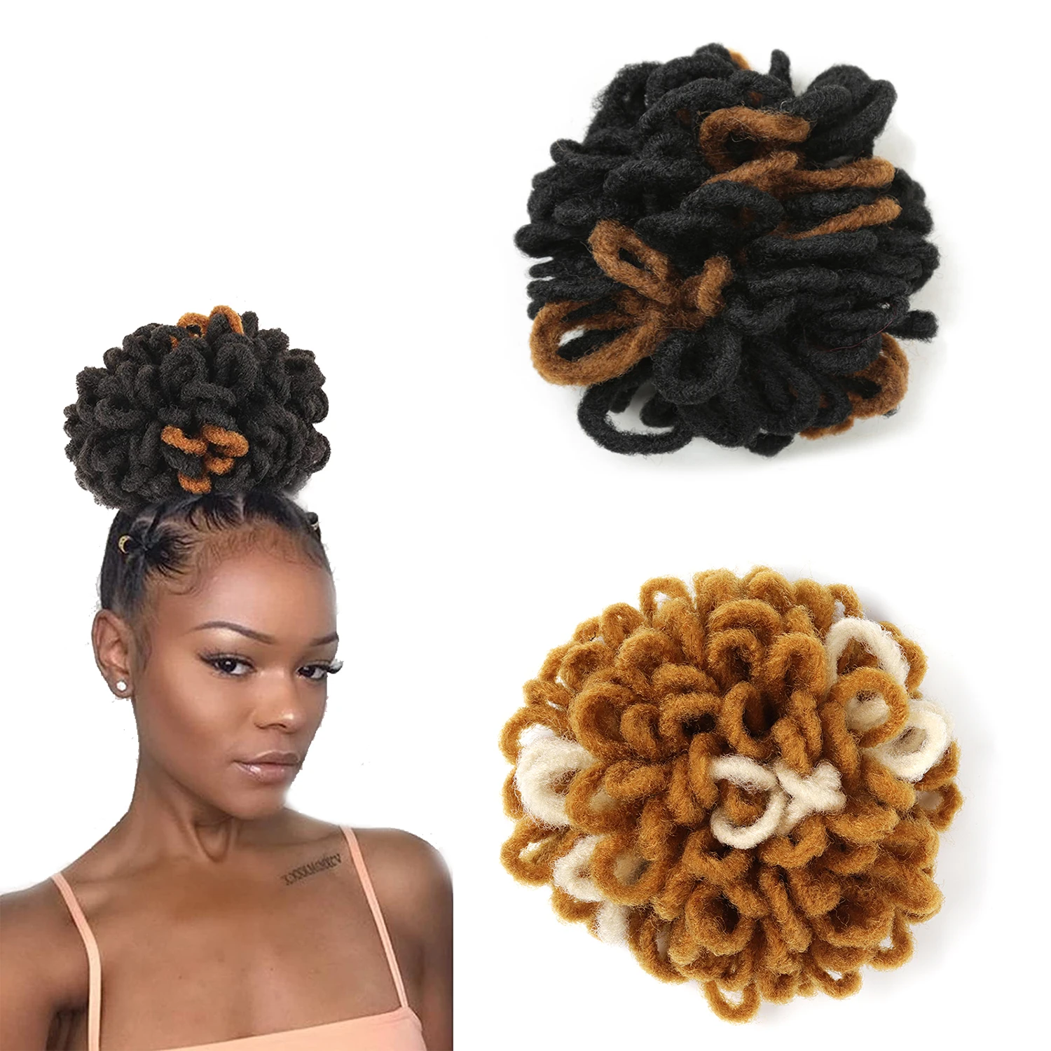 Faux Dread Locs Afro Puffs Synthetic Clip In Hair Piece Chignon Messy Drawstring Ponytail Hair Bun Extension