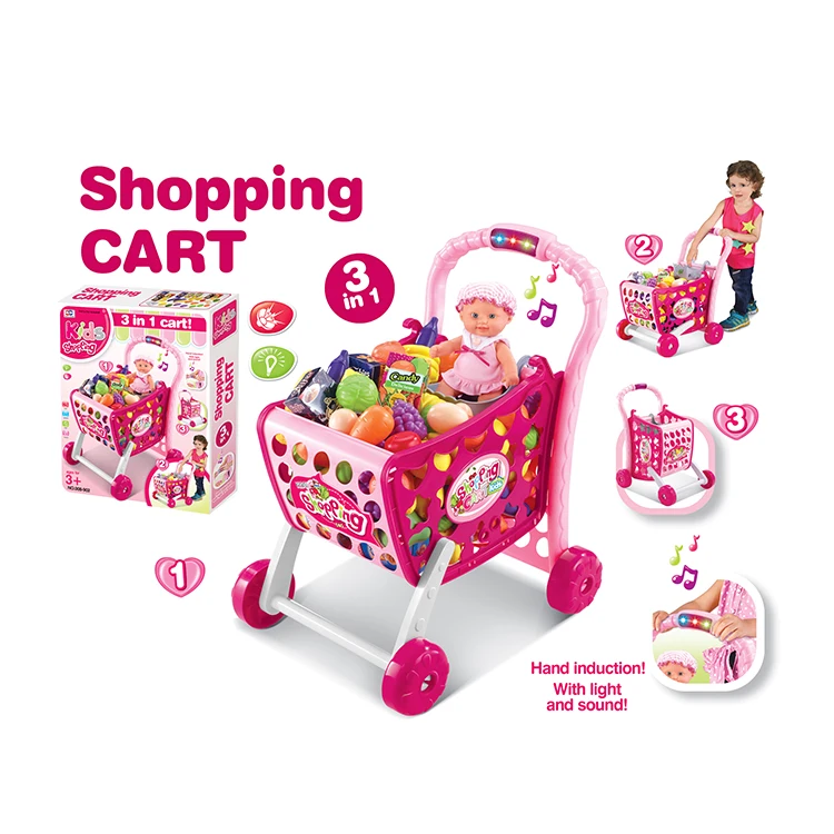 Wholesale 2024 Luxury 3 in 1 Plastic Pretend Play Girl Induction Shopping Cart Kids Toy