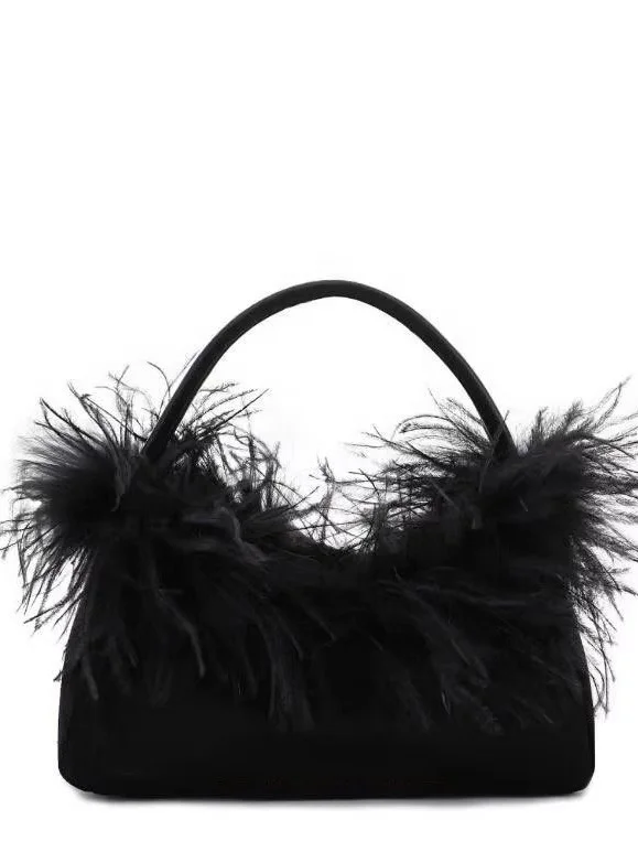 Chic Ele Women Satin Hobo Evening Bag with Ostrich Feather Wedding Party Purse for  ladies sweet red hand bag from Guangzhou