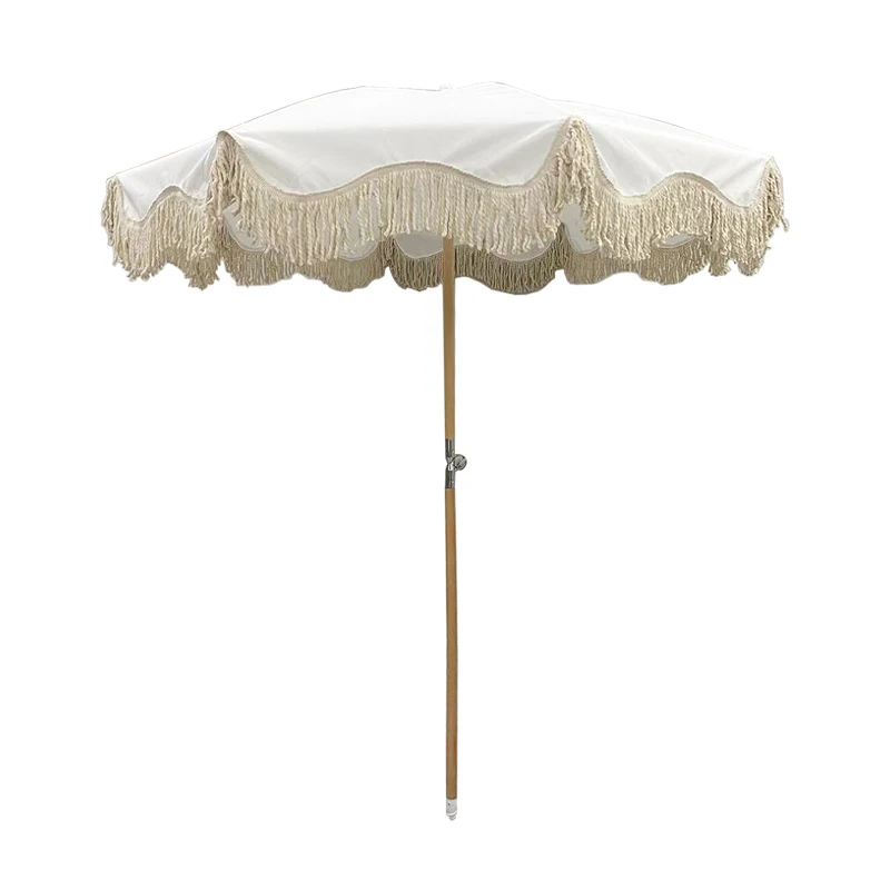 Customized supplier cheap foldable wooden beach umbrella with tassels