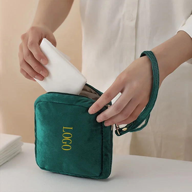 Customized Embroidery logo Sanitary Napkin Pad Storage  Bag Beauty Lipstick Makeup Bag Luxury Velvet Jewelry Case