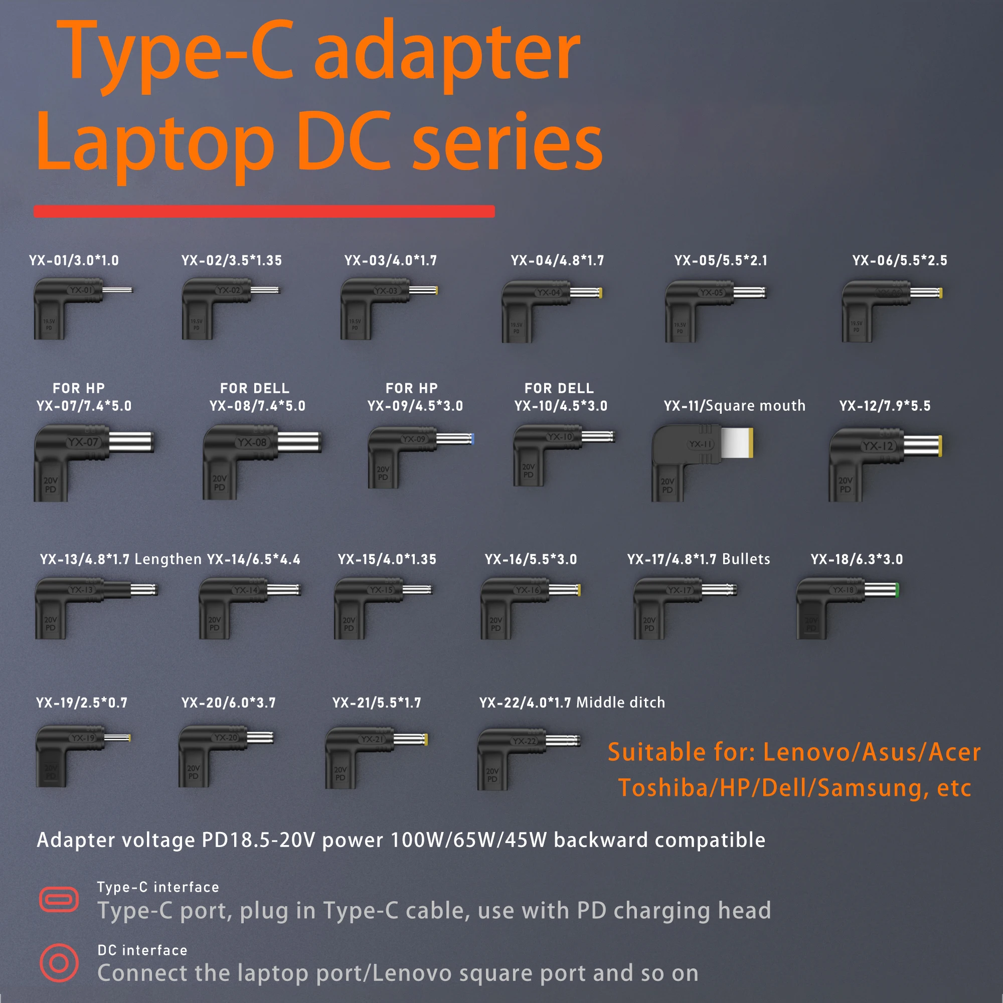 USB to dc PD 100W Laptop Power Charger Power Adapter Connector Type-C Female to DC Male Jack Plug Adapter for Lenovo/HP/Dell