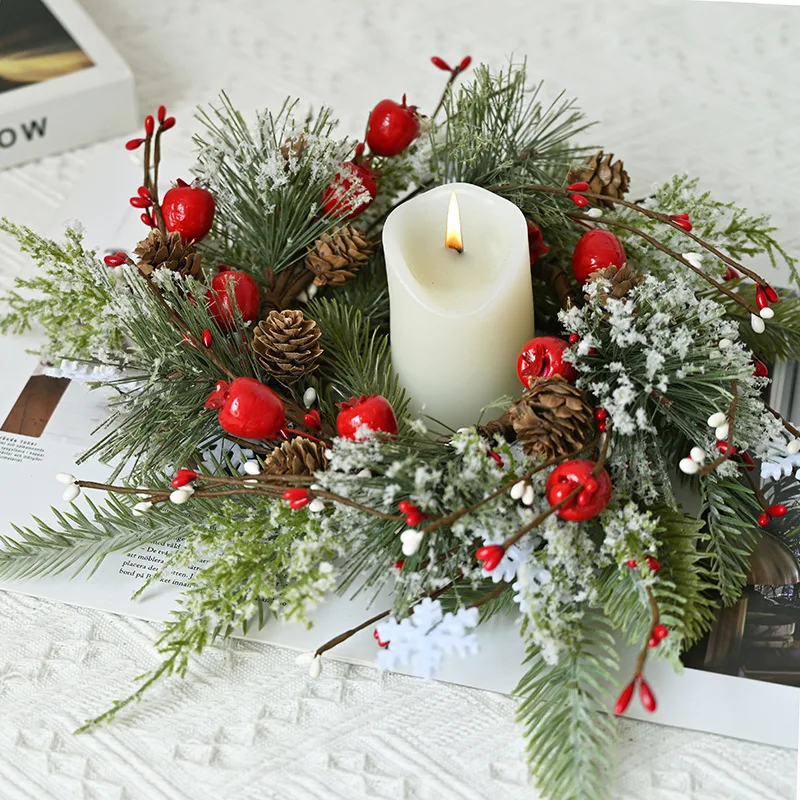 2025 New Wooden Christmas Wreath Decorations with Berry Pine Cone Pine Needle Accessories PVC Candle Holder for Weddings Parties