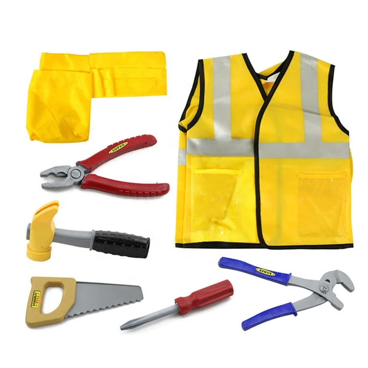 Construction Worker Costumes Kits for Kids Boys Builder Career Outfit Tool Belt Vest Hat Pretend Role Play Toy Set