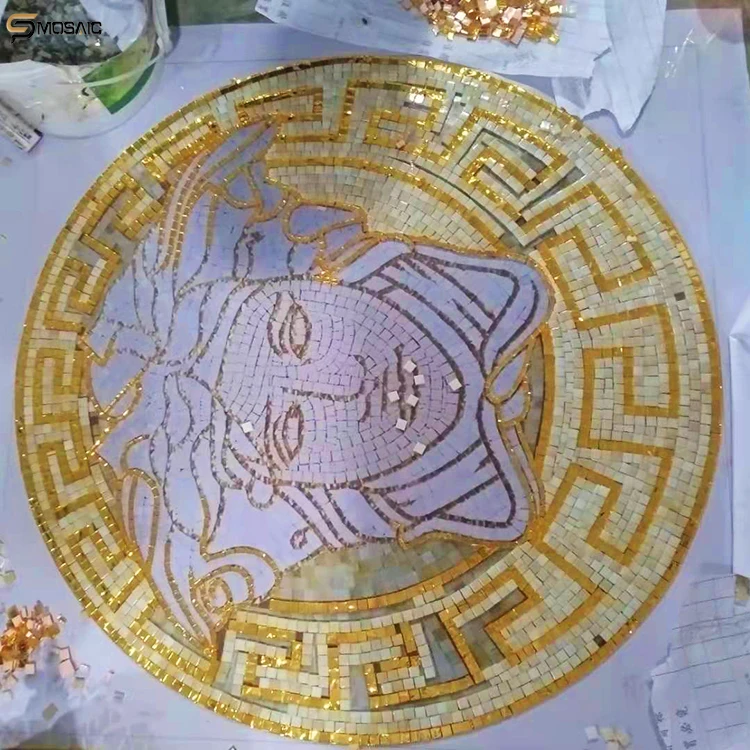 Luxury wall decor hand cutting art mosaic italian circular design pattern high quality gold glossy crystal glass mosaic tiles
