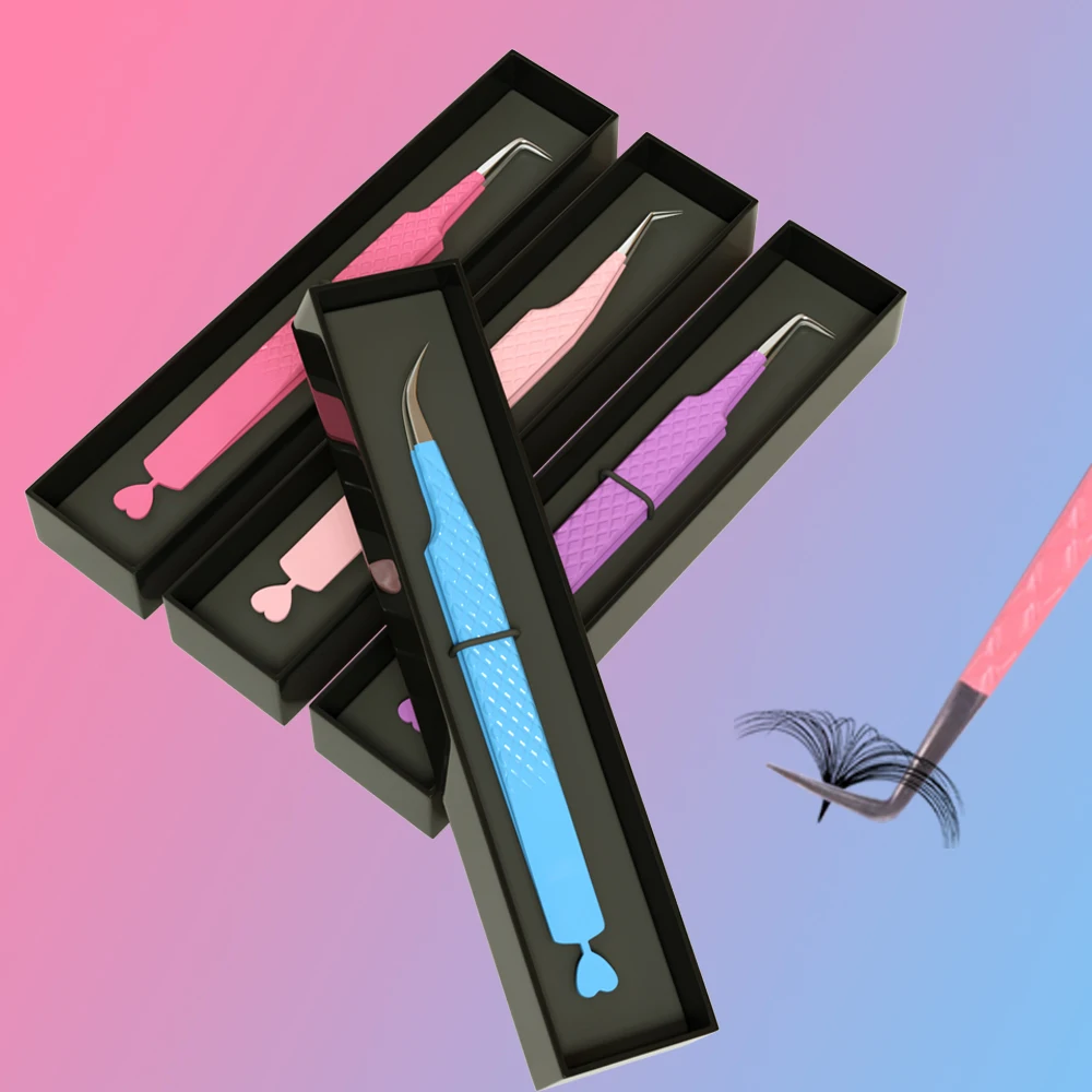 Stainless Steel 45 90 Degree Diamond Fiber Grip Eyelash Tweezers Custom Logo Lash Extension Fiber Tip Tweezers