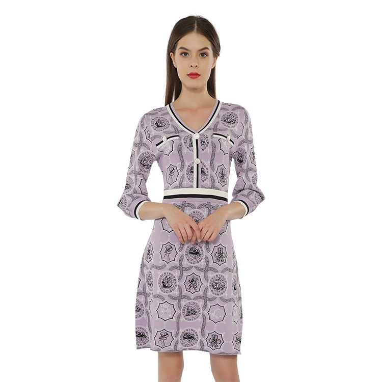 Trendy Womens Clothing Print Dress Casual Dress High Quality Stylish Elegant Spring and Autumn Floral Print Computer Knitted