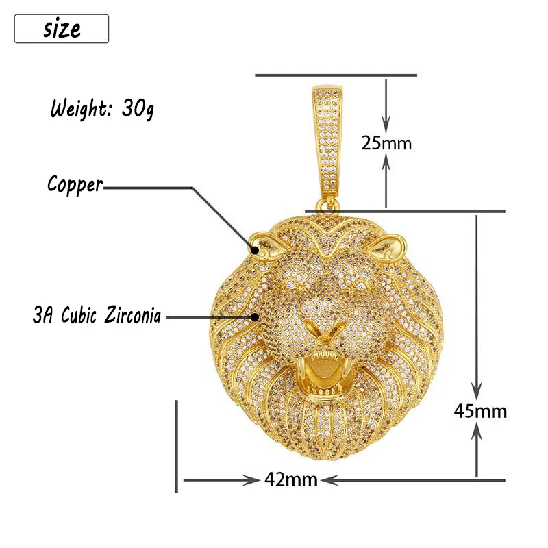 High Quality Two-Color Hip Hop Jewelry Iced Out Cuban Necklace Micro Pave Cubic Zirconia Gold Plated Lion Head Pendant
