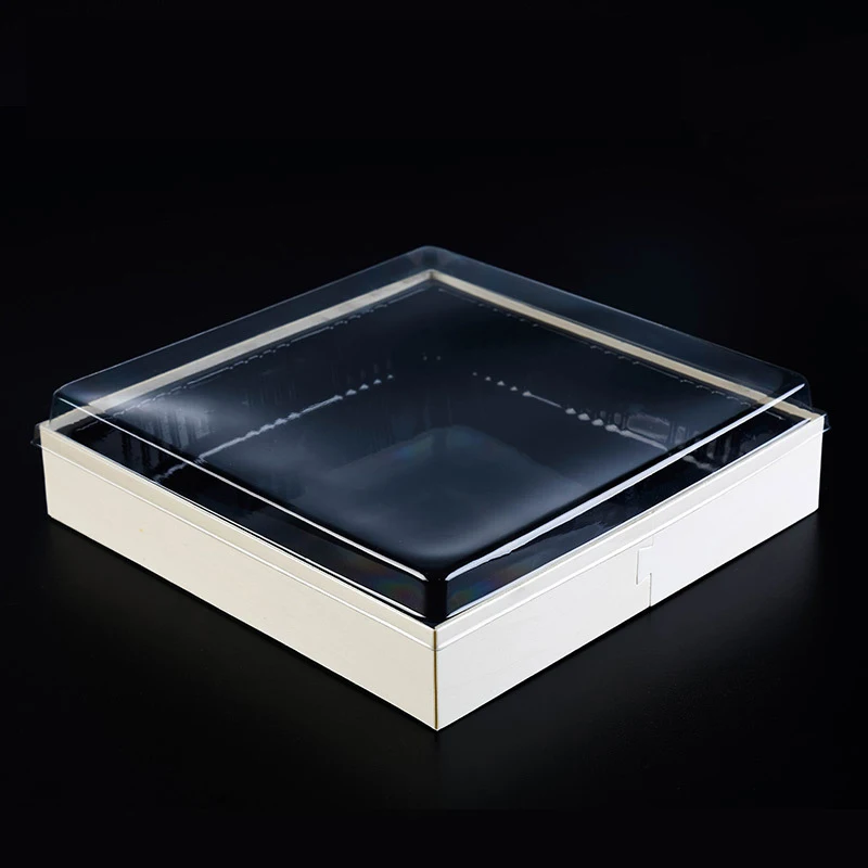 10 inch Biodegradable Wooden Cake Box with plastic base and Lid  Food Grade Disposable Cheese Sushi Packaging Box