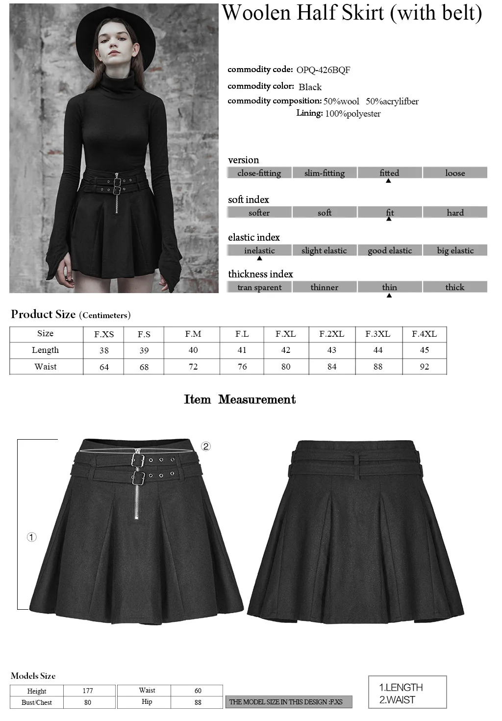 
OPQ-426 PUNK RAVE woolen half skirts with belt fashion street wear black shirt 