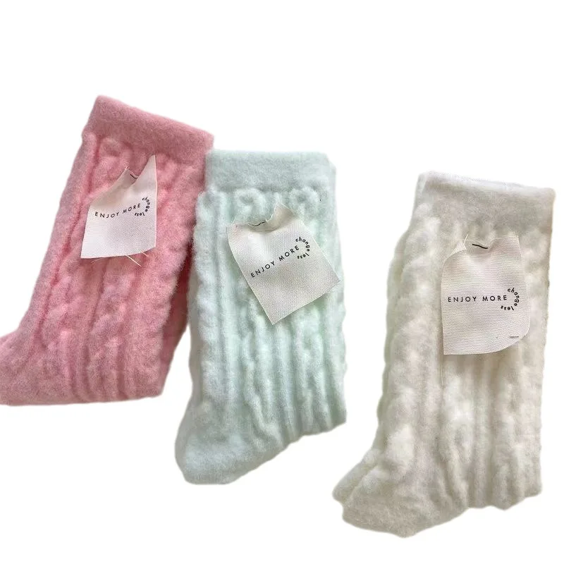 Macaron Color Soft Glutinous Plush Socks for Girls Autumn Winter Thickened Fleece Lined Mid-Tube Baby Socks Cold-Proof Crew High