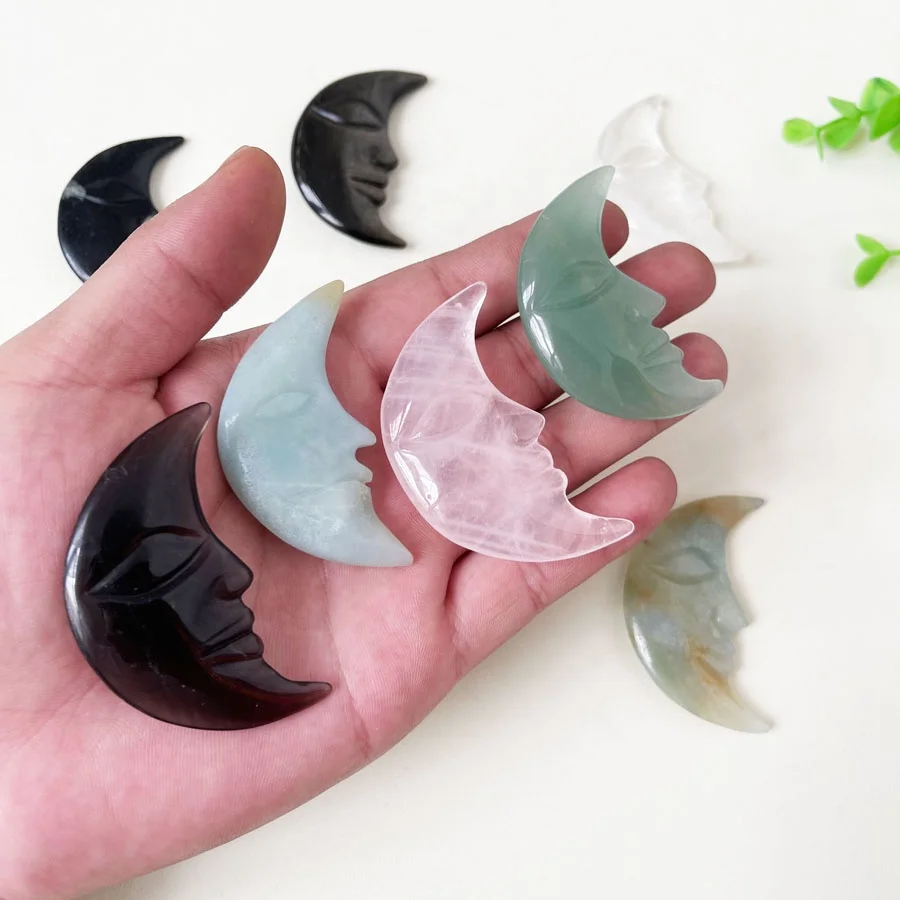 Wholesale Natural Spiritual Healing Stone Amazon Quartz Stone Moon Face Carving Polished Crystal Carved Moon For Art Decoration