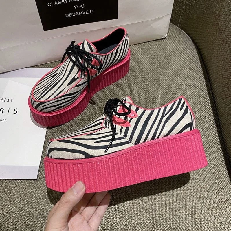 2021 Fashion Creepers Flats Women Punk Platform Shoes Woman Zebra Pattern Suede Flat Shoes Women Casual Shoes Zapatos De Mujer