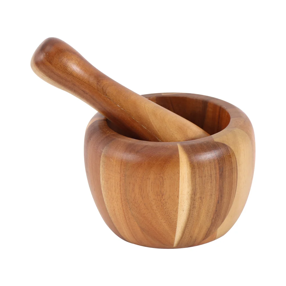 Kitchen Tools Wood Grinding Pinch Bowl Natural Bamboo Mortar And Pestle Set