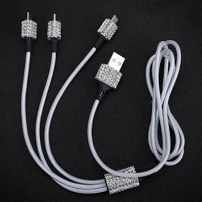 Crystal Diamond Rhinestones Auto Car Household Mobile Phone 1 to 3 USB C 3 in 1 Data Cable Line Quick Fast Charging Accessories
