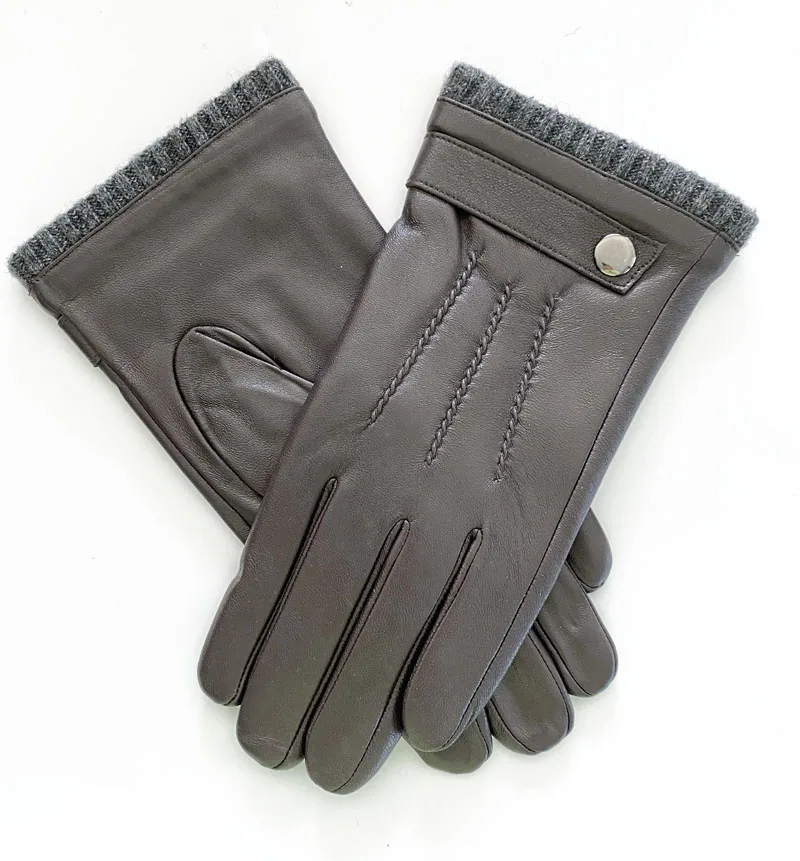 Fashion Knitted Cuff With Button Men Leather Motorcycle Gloves