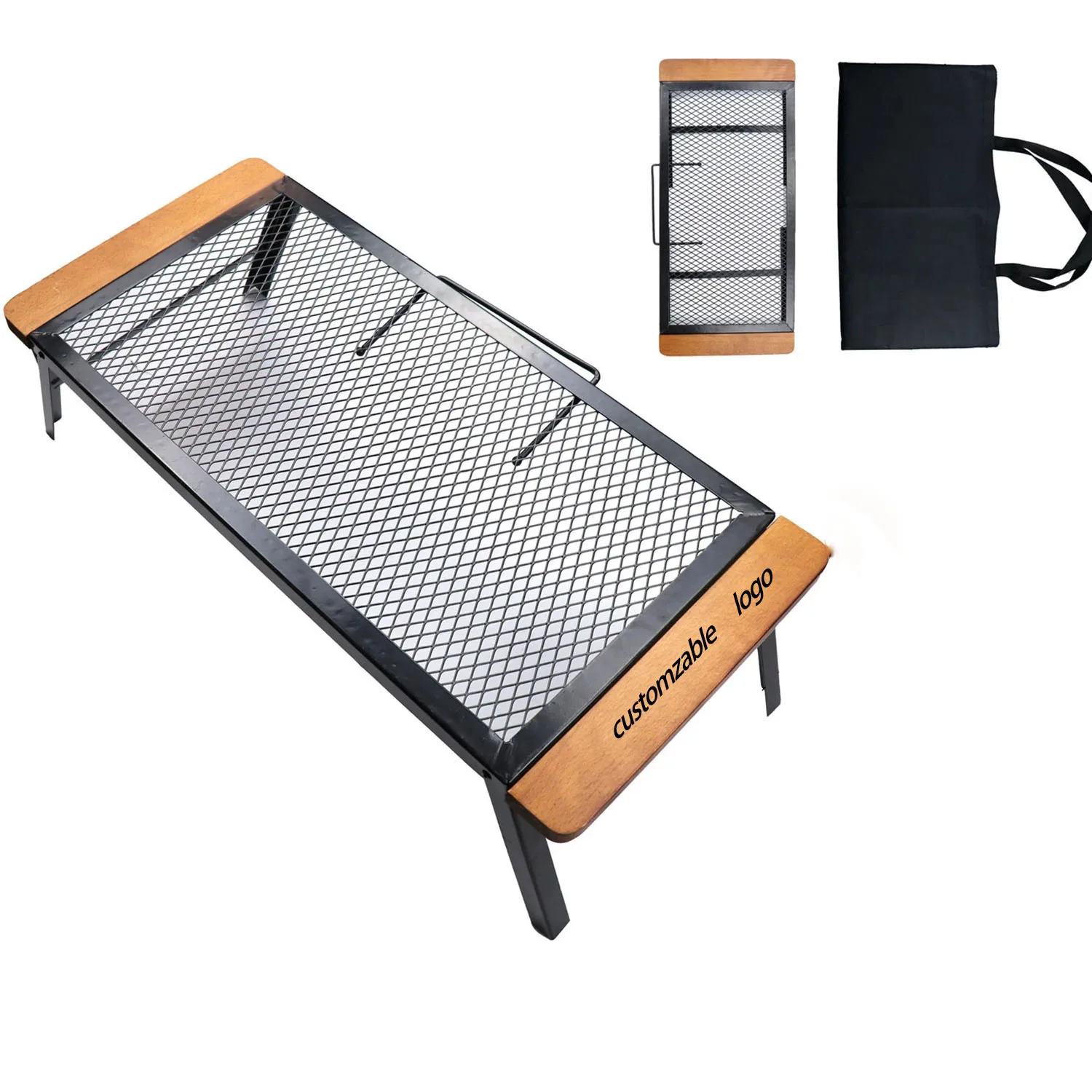 
The New Outdoor Anti-scalding Wooden Handle Camping Barbecue Iron Table Convenient Folding Net Camping Grill Table 