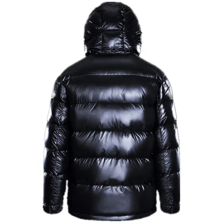 2023 wholesale shiny puffer jacket men black custom logo hooded down padded parka quilted winter coats for men