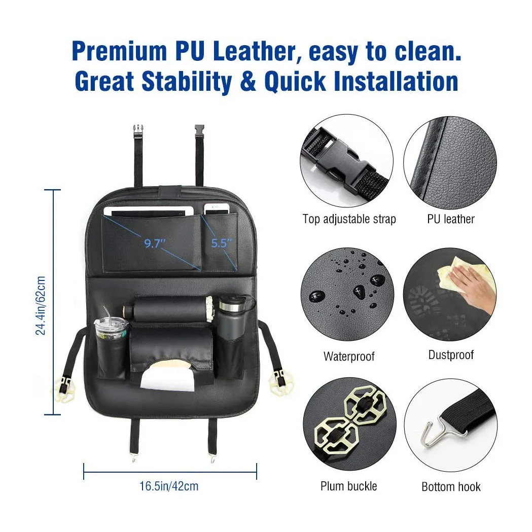 High Quality  Universal Foldable Pu Leather Car Back Seat Organizer With Tray Direct Selling Car Back Seat Storage Bag