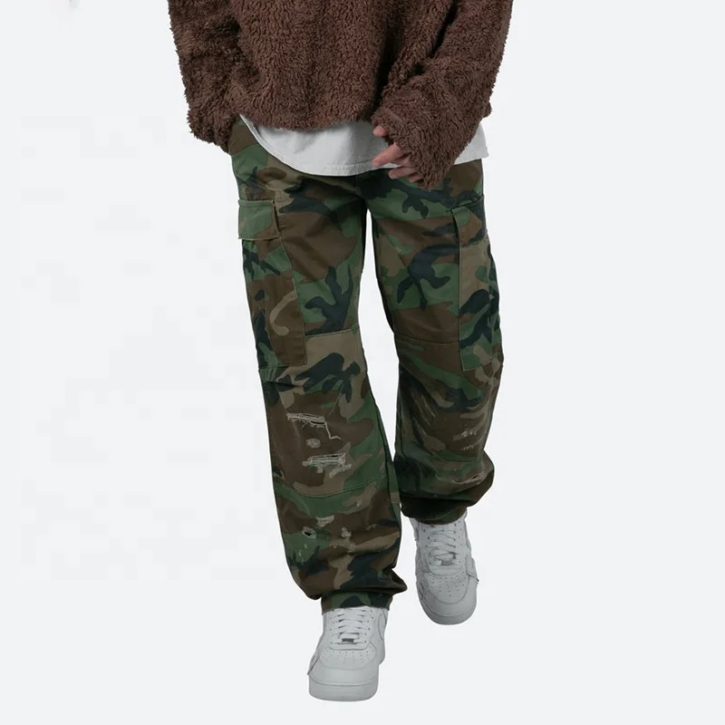 Double Knee Vintage Cargo Pants Mens Baggy Fit 100% Cotton Casual Camo Cargo Pants