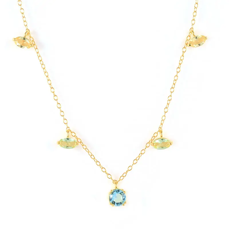 Fashion 925 sterling silver geometric cross shape turquoise colored zircon pendant gold plated necklaces for women