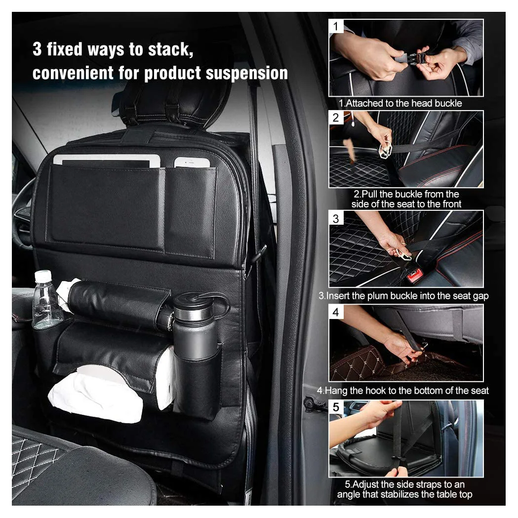 High Quality  Universal Foldable Pu Leather Car Back Seat Organizer With Tray Direct Selling Car Back Seat Storage Bag
