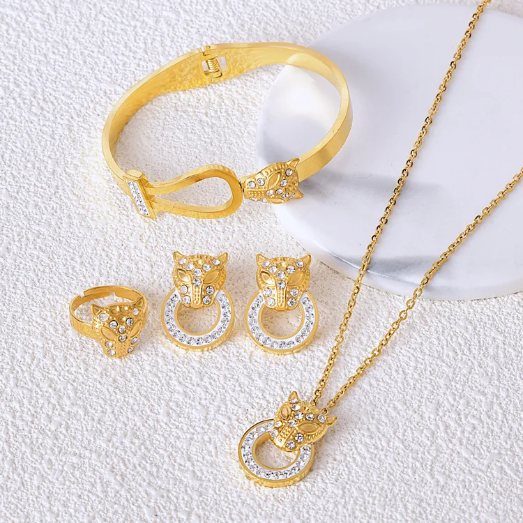 Luxury Leopard Head Pendant Necklace Earrings Open Bracelet Ring Stainless Steel Zirconia Jewelry Set For Women Party Gift