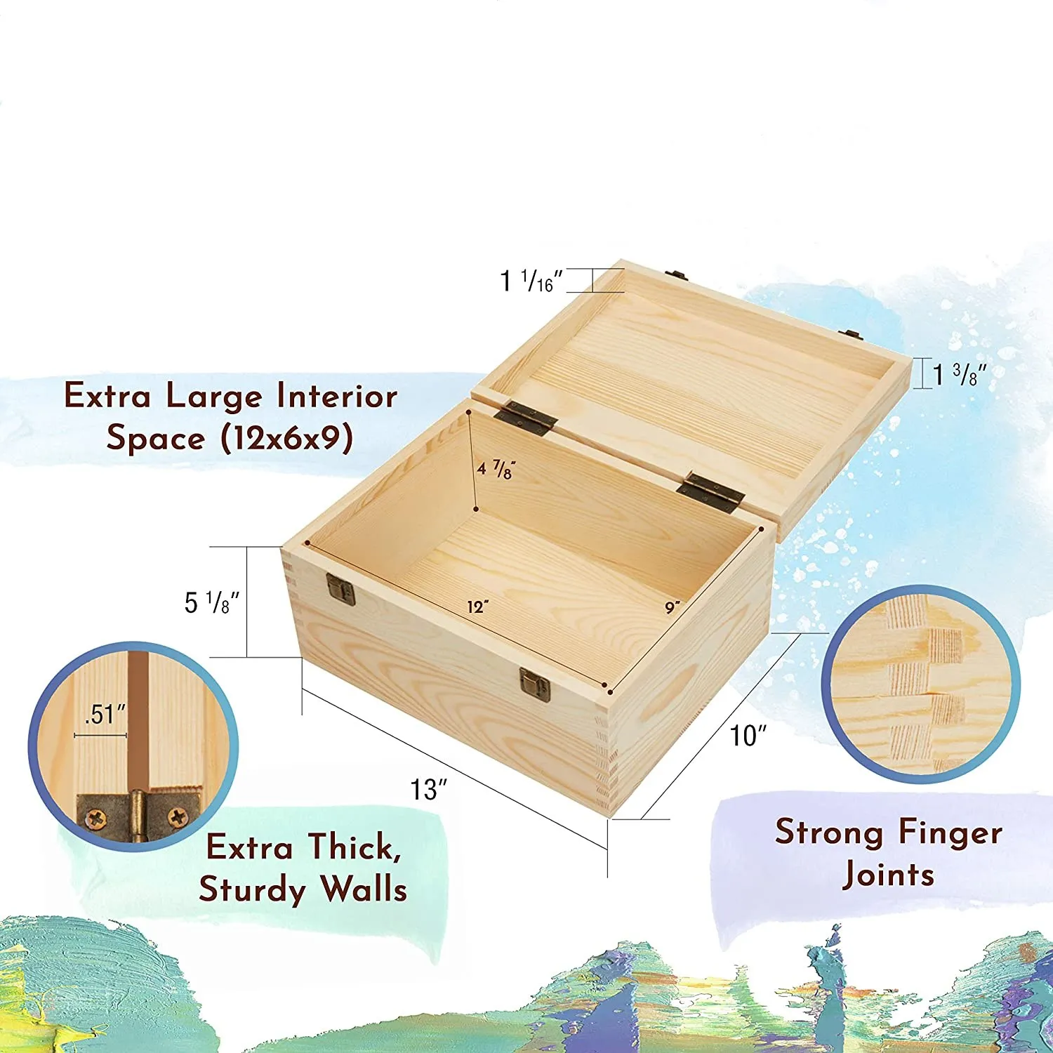 Hinged Lid, 2 Clasps, Heavy-Duty Thick Pine Wooden DIY Storage Box Extra Large Unfinished Pine Wood Box