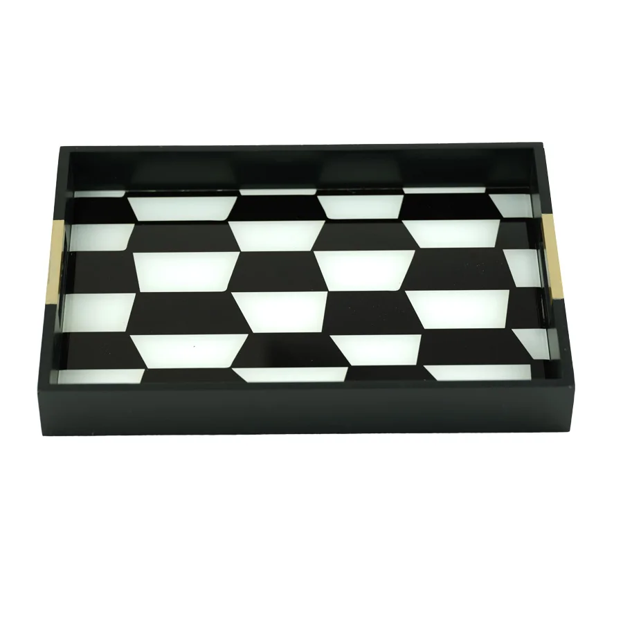 Wholesale Kitchen Chess Black And White Checkerboard Coffee Storage Trays Decorative Glass MIirror Tray Set