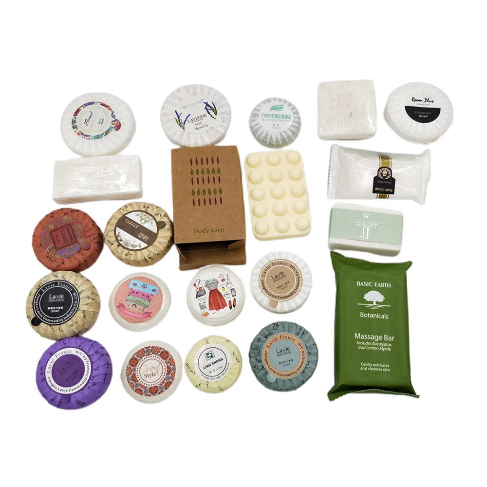 Wholesale hotel amenities set products luxury supplies mini small round whitening hotel toiletries set mini disposable soap 20g