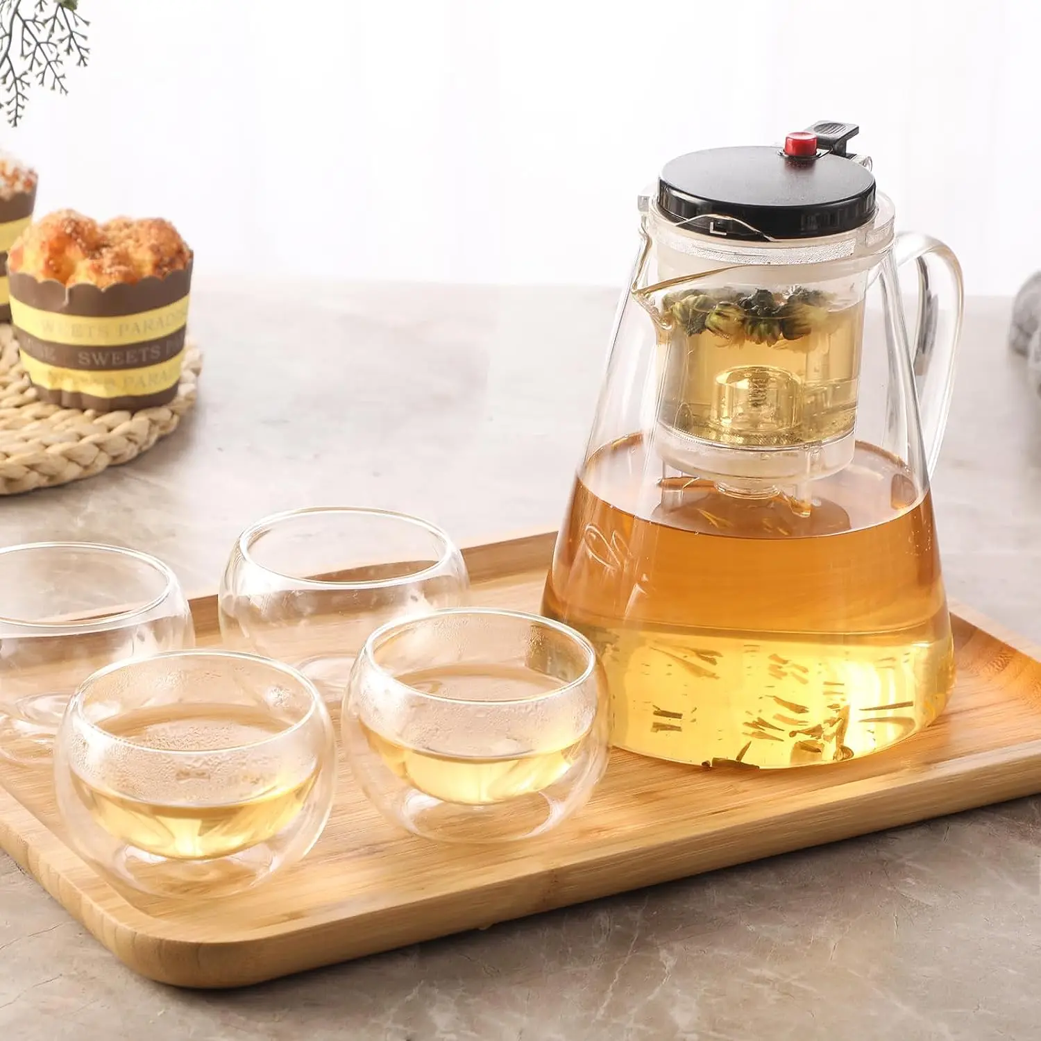 20oz 600ml Transparent Borosilicate Glass Teapot with Classic Antique Bamboo Handle Heat-Resistant Coffee Drinkware Set