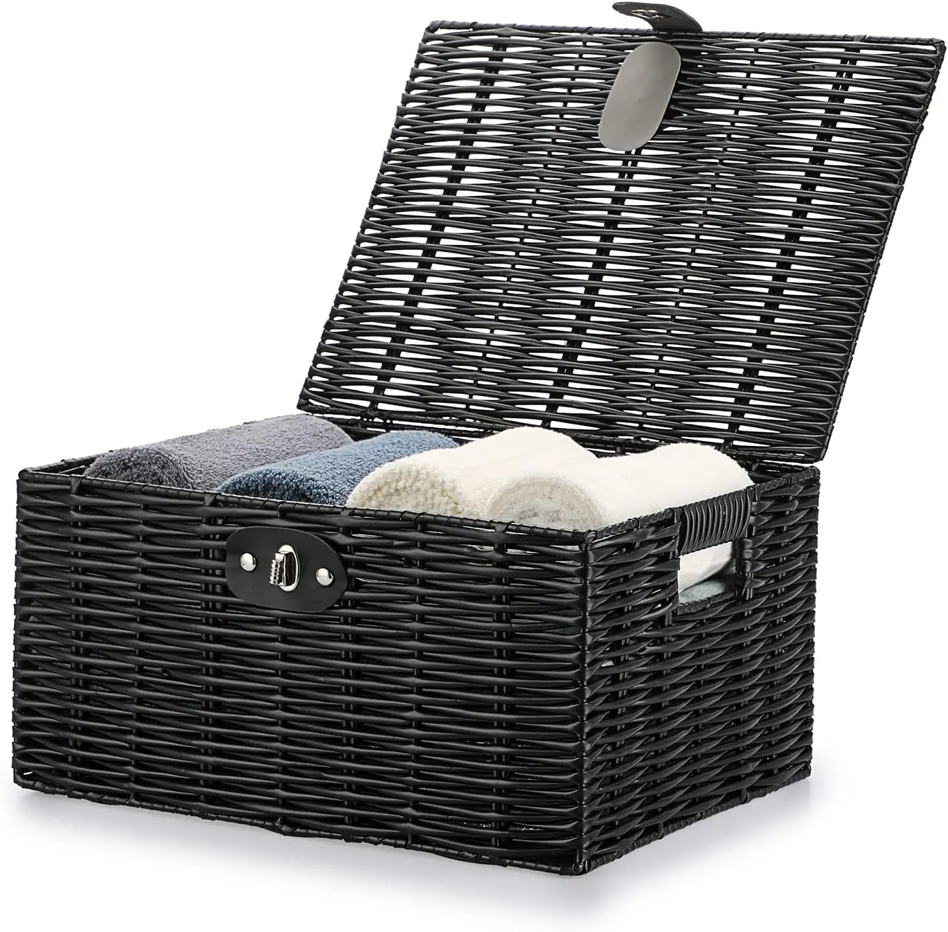 HAMPER Storage Boxes with Lids & Lock Black Woven Basket Bin Built-in Carry Handles Multifunctional Household Organizer Box