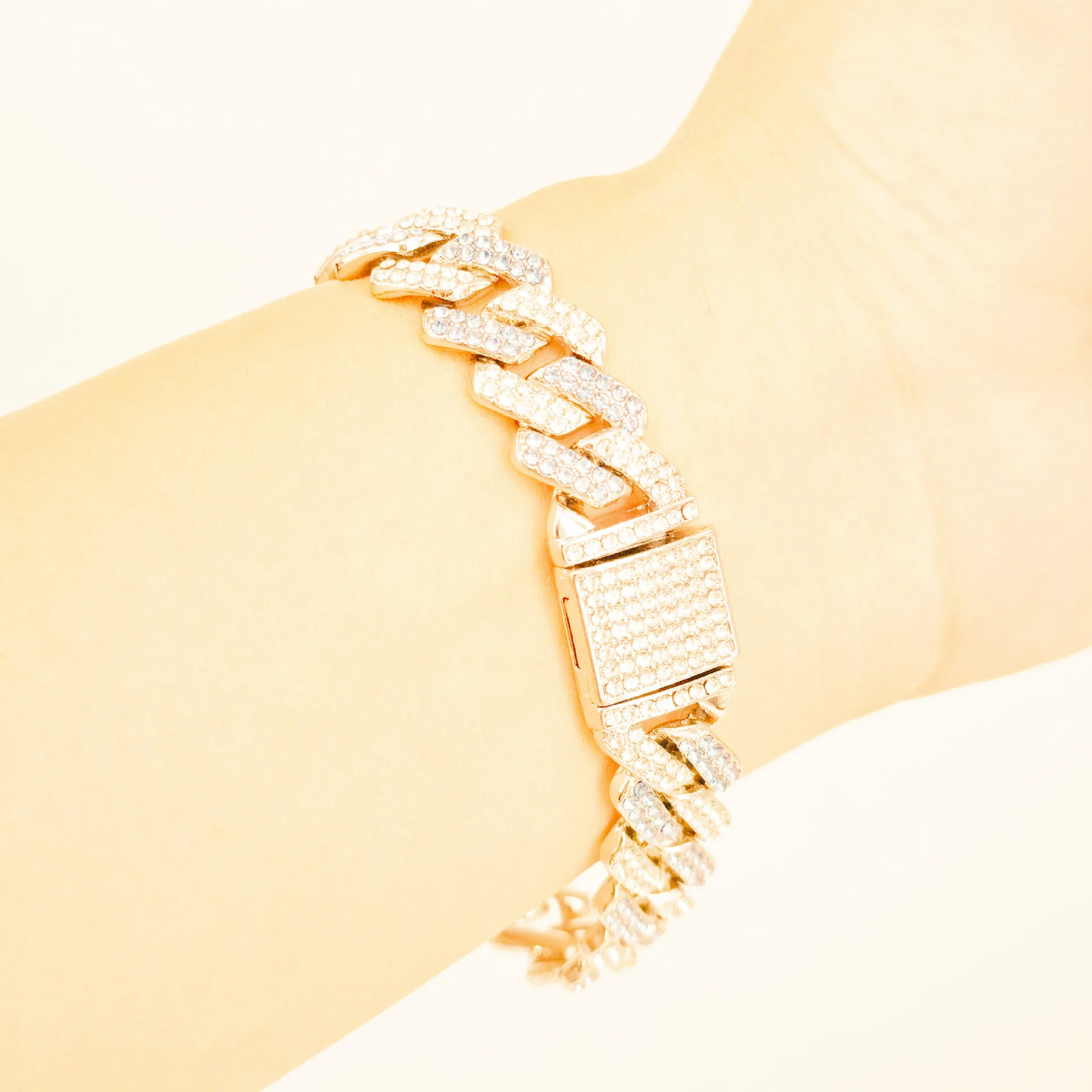 Hot selling hip hop jewelry Cuban Diamond Bracelet Chain 14mm diamond Gold plated Bling Rhinestone Cuban Link Chain Bracelet