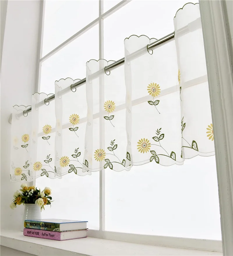 Yellow Daisy Kitchen Sheer Curtain Sunflower Embroidery Short Window Valances Without Curtains Yellow Floral