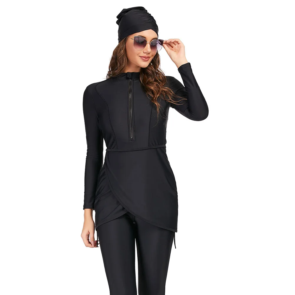SIPO Factory Direct Muslimah Ladies Swimsuit Set Malaysia Muslim Swim Burkini Black Conservative 3 Piece Baju Renang