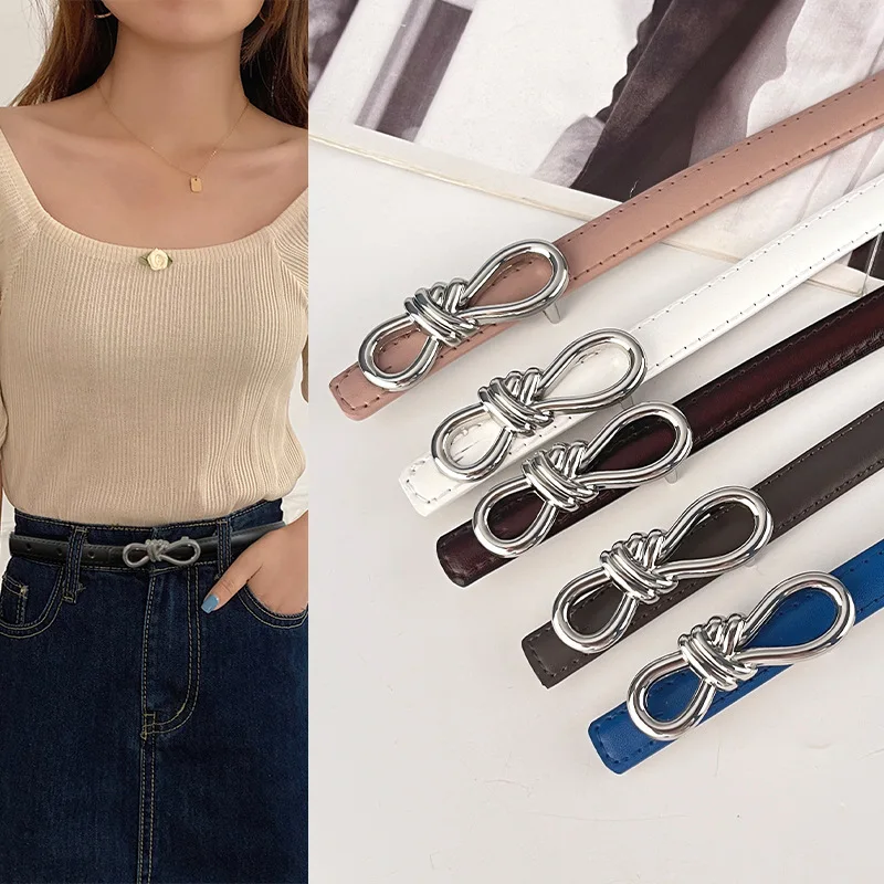 Newest Designs Genuine Leather Colorful Belts Retro Silver Bow Buckle Thin Female Cowhide Waist Belt Decoration Jeans