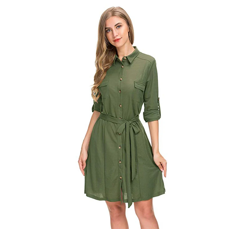 Summer office ladies clothes daily casual long roll up sleeve polo T shirt type full button dress Summer Hot Sale New Style