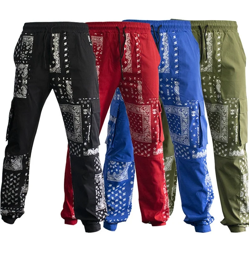 Wholesale Low MOQ Casual Sweatpants Overalls Wide Leg  Men Cargo Pants With Side Pockets Bandana Pant