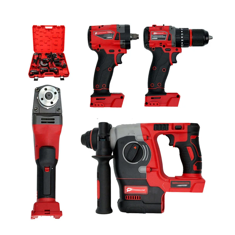 Red 10-In-1 Brushless Cordless Tool Set 4-Piece Hammer Drill Impact Wrench Angle Grinder 4 Batteries OEM Power Drills