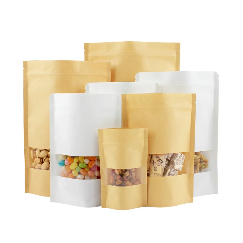 Custom Printed Ziplock Kraft Paper Food Packaging Bag Stand Up Pouch With Zipper And Window