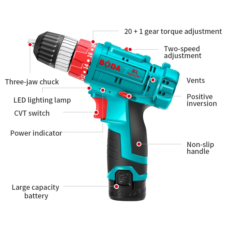 Boda D1205-10 wholesale rechargeable cordless screwdriver, brushless electric screwdriver drill