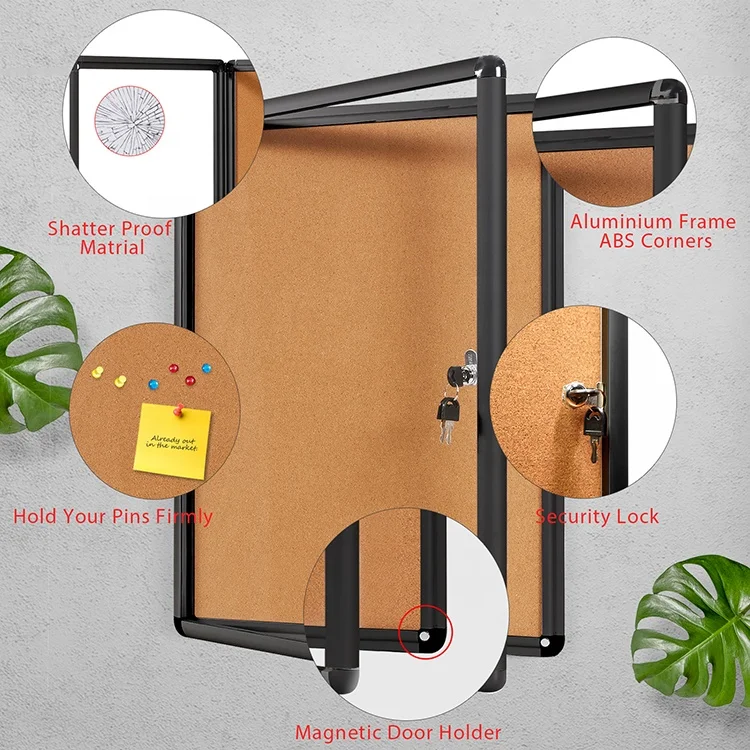 
Shatterproof acrylic door enclosed cork showcase display messages memo board lockable notice bulletin board 