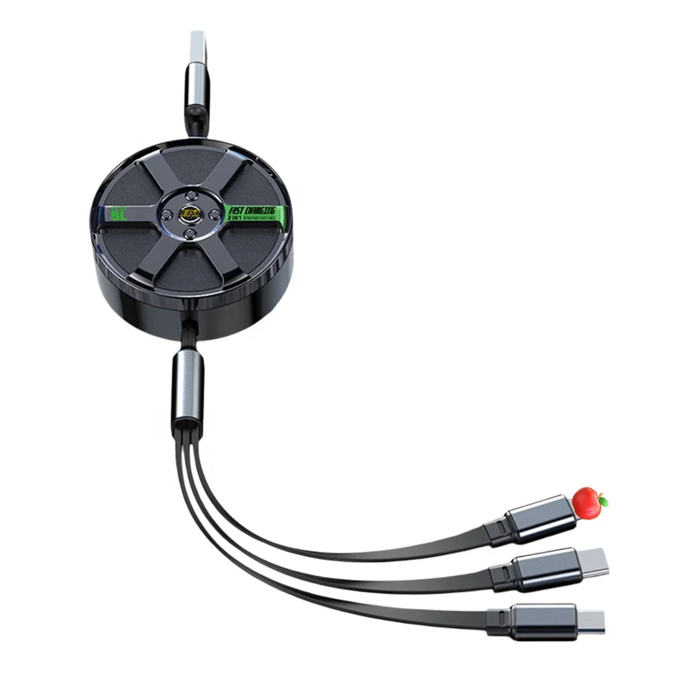 Hub Retractable One Drag Three Data Cable 66W/100W 3-in-1 Super Fast Charge Wire Portable